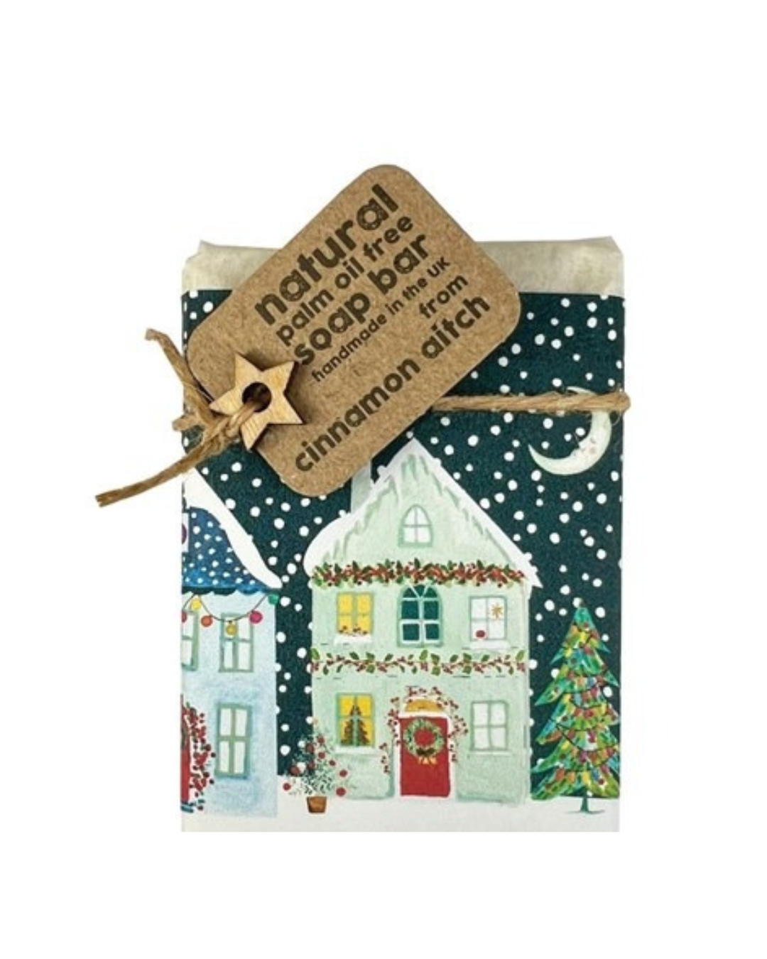 House Lavender Christmas Gift Soap Bar wrapped in festive paper with jute, kraft tag, wooden star, handmade vegan soap, lavender fragrance, UK-made