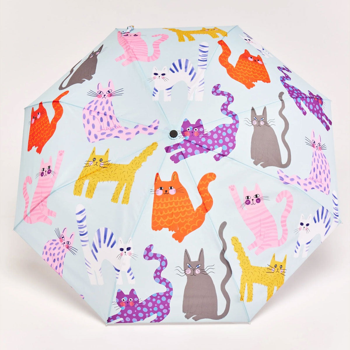 Compact eco-friendly umbrella with colourful cat illustrations