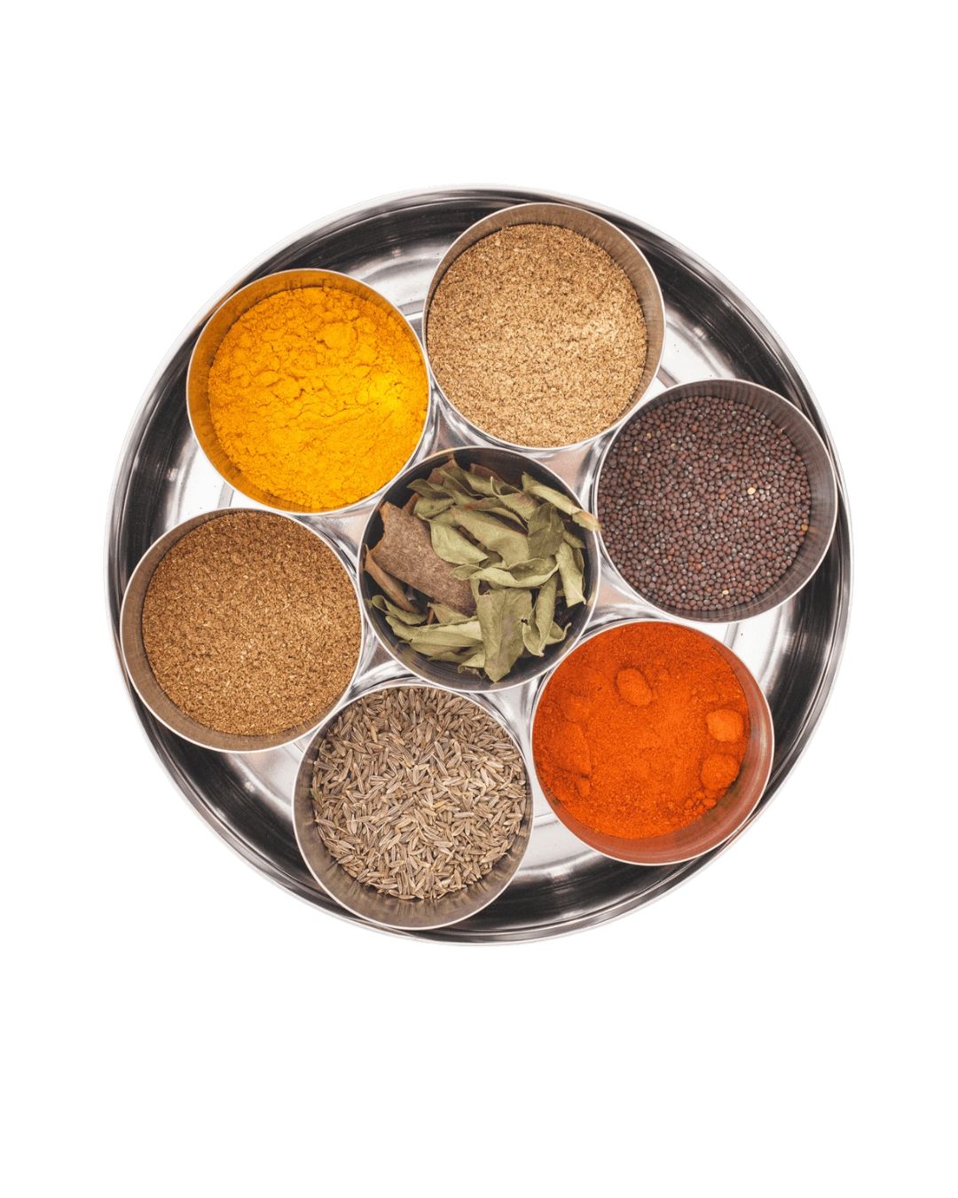 Metallic spice holder with various spices on a white background