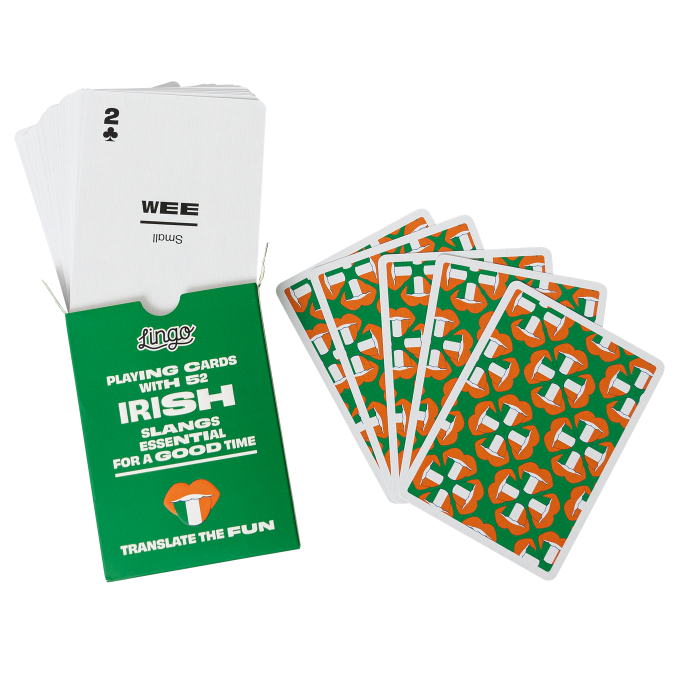 Playing cards with Irish slang and English translation in green packaging on a white background