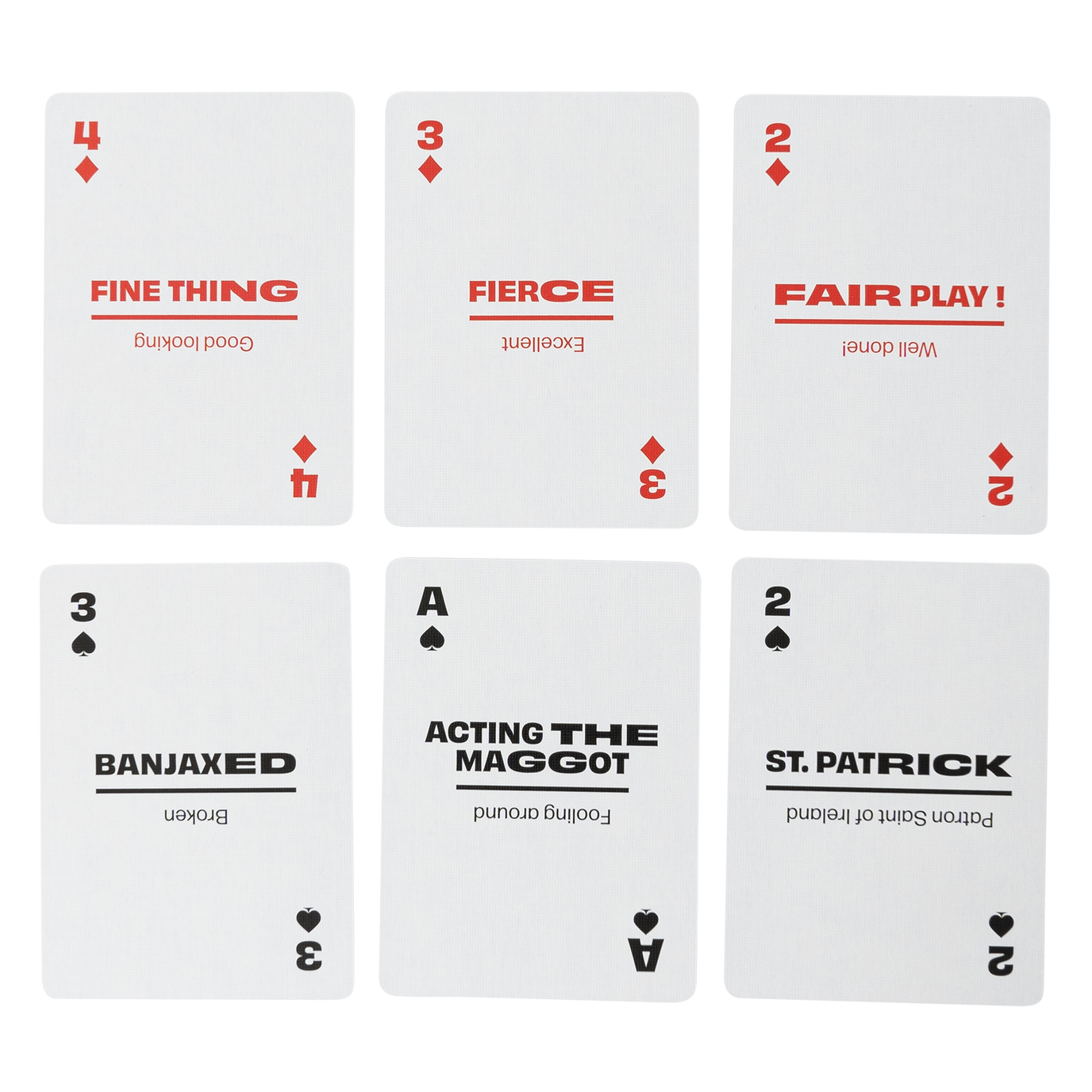 Six playing cards with humorous Irish text and English translation on a white background
