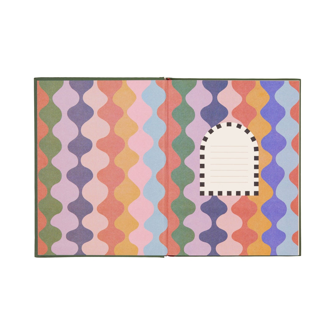 Colorful wavy-patterned journal interior with a lined name label on the right page.