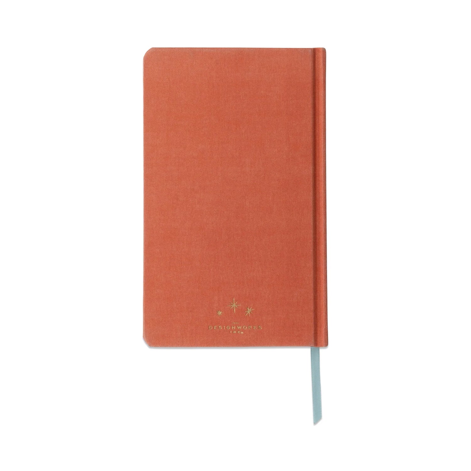 Back view of the Terracotta celestial journal, eco-friendly bookcloth hardcover notebook with lined pages inside and light blue ribbon marker