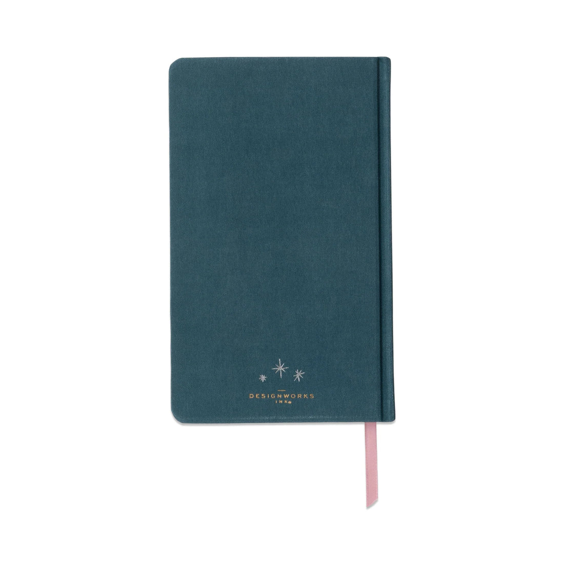 Back view of the Teal celestial journal, eco-friendly bookcloth hardcover notebook with lined pages inside and pink ribbon marker
