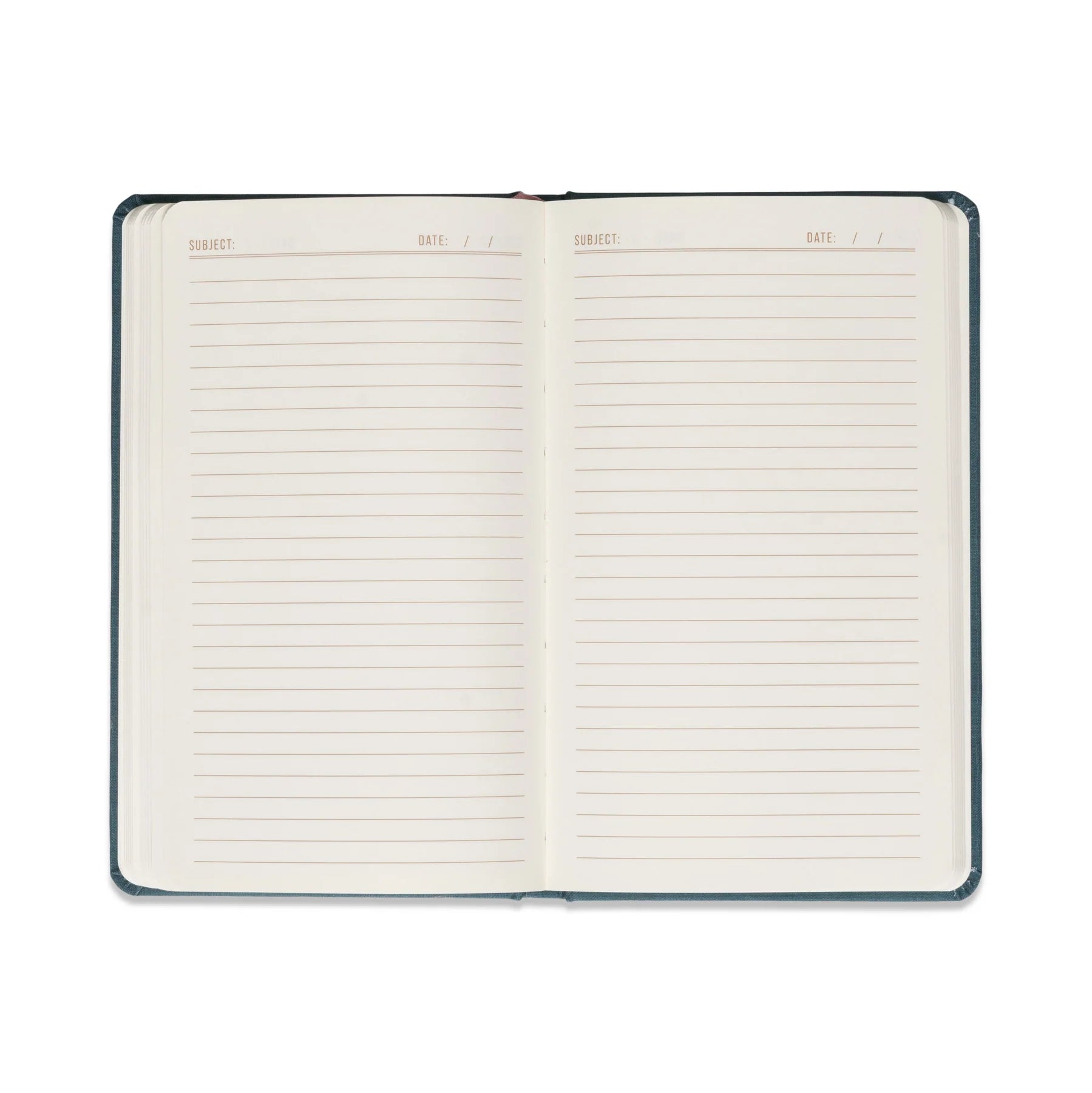 Open teal celestial journal showing lined pages on eco-friendly acid-free paper