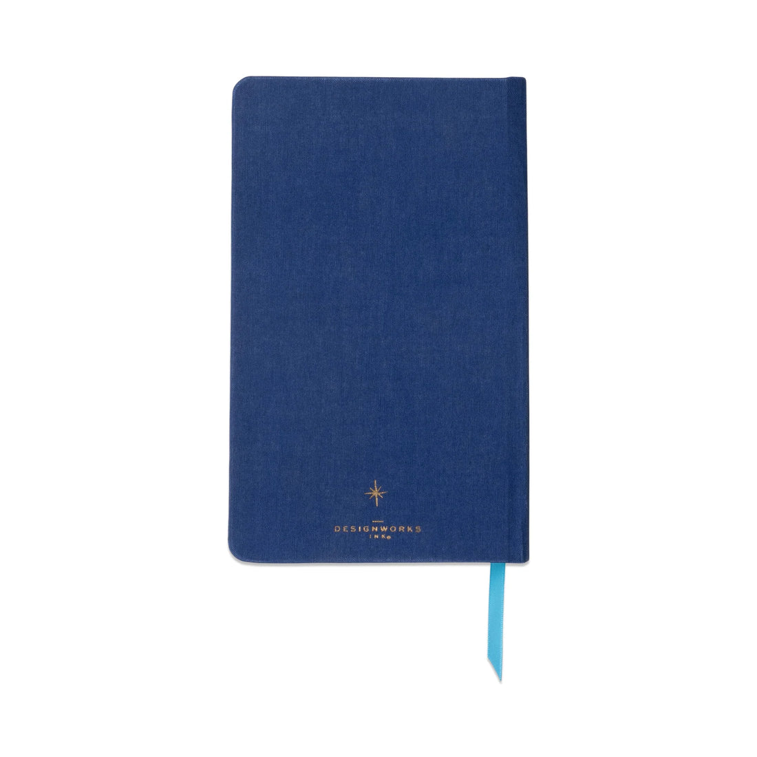 Back view of the blue celestial journal, eco-friendly bookcloth hardcover notebook with lined pages inside and turquoise ribbon marker