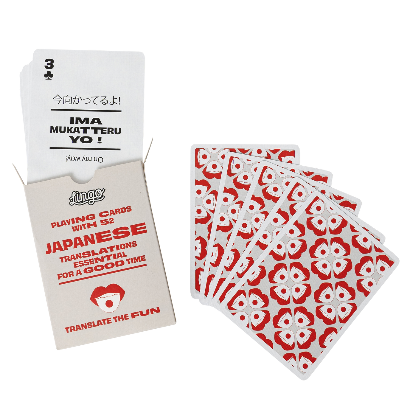 Playing cards with Japanese translations and a deck of cards on a white background