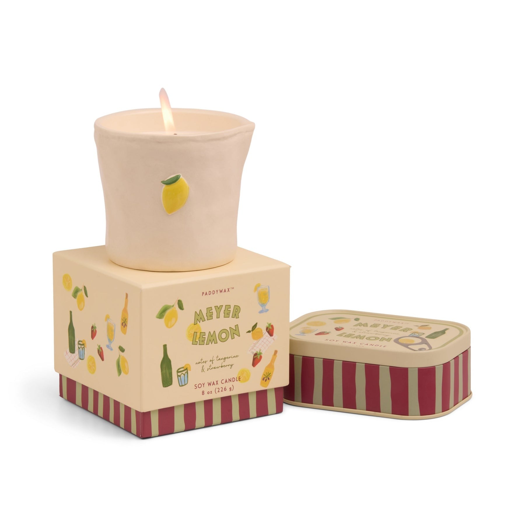 Lemon embossed 8oz ceramic candle with hand-painted lemons icons, emitting a fresh citrus and fruity scent, from the Bistro Collection.