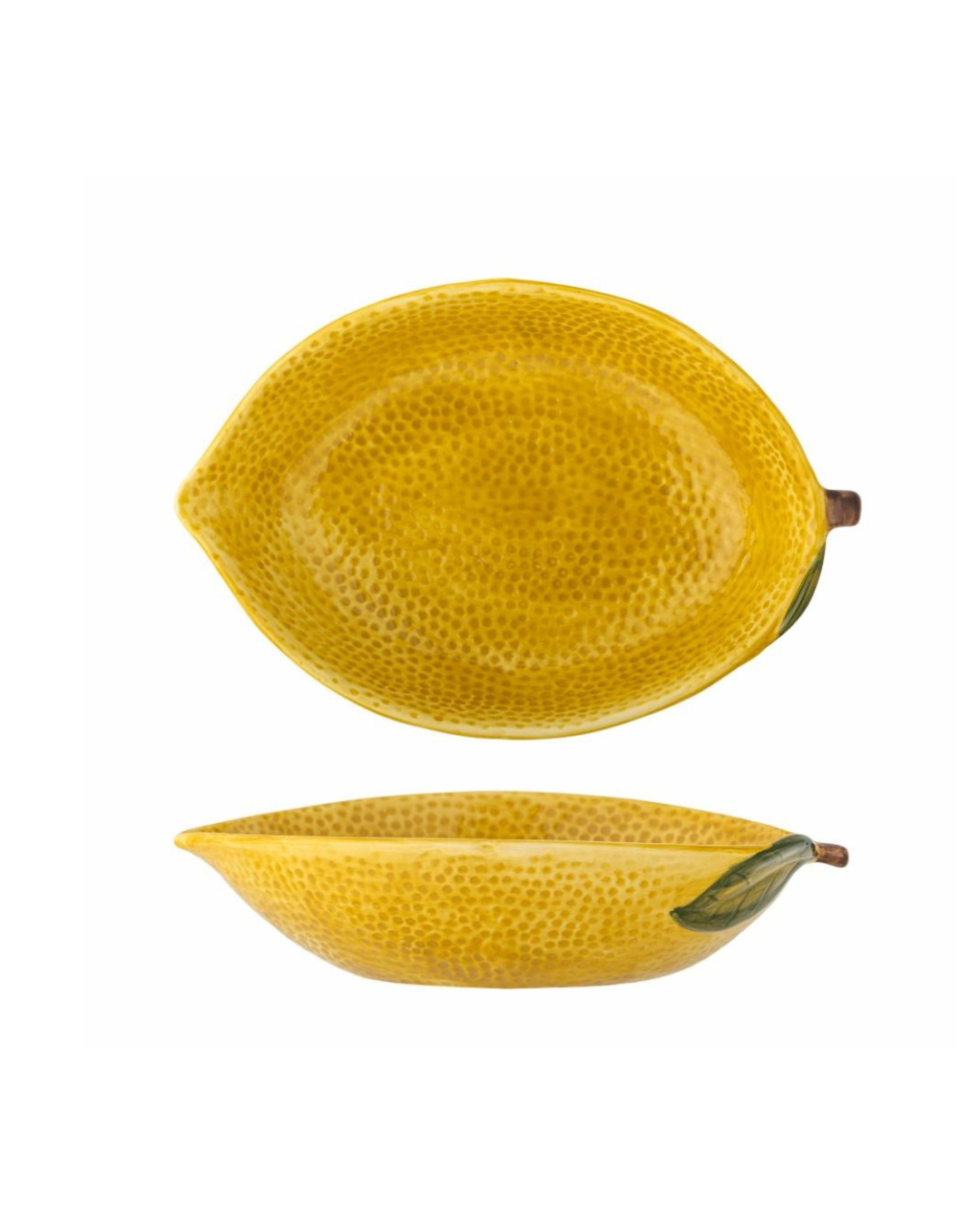 side and top view of the Limone Bowl made of yellow stoneware with lemon peel-inspired texture, ideal for serving fruits or snacks, and as a decorative kitchen accent.