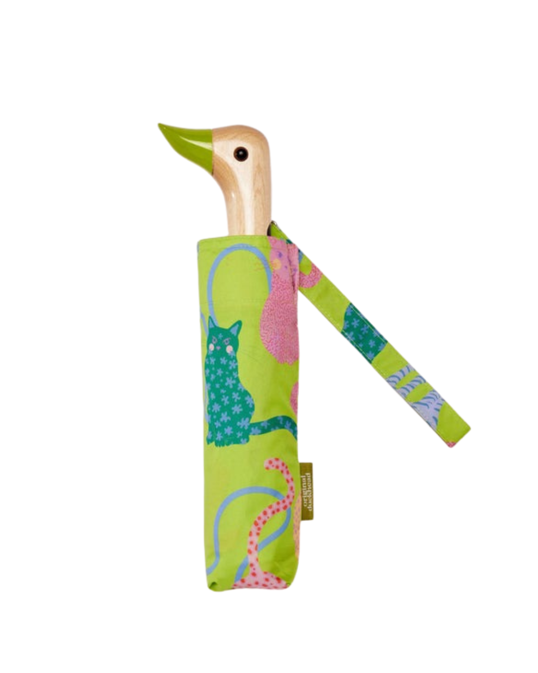 Arty Cats Print Umbrella in lime green with recycled fabric canopy and wooden handle
