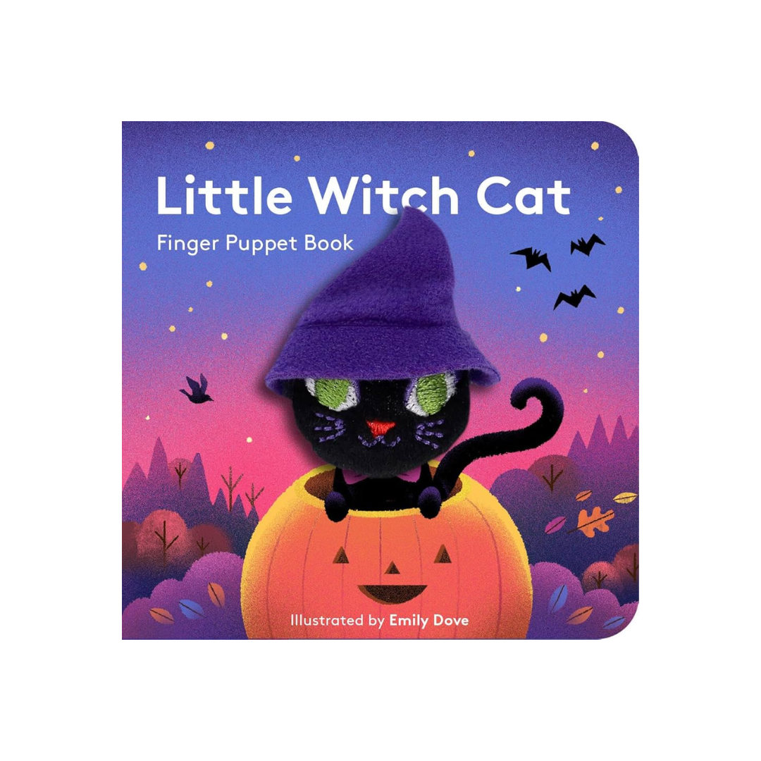 Finger puppet book cover featuring a black cat in a witch hat on a pumpkin with a Halloween-themed background.