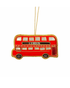 Red London bus Christmas decoration with gold zari embroidery, handcrafted ornament, perfect gift for London lovers and holiday décor.