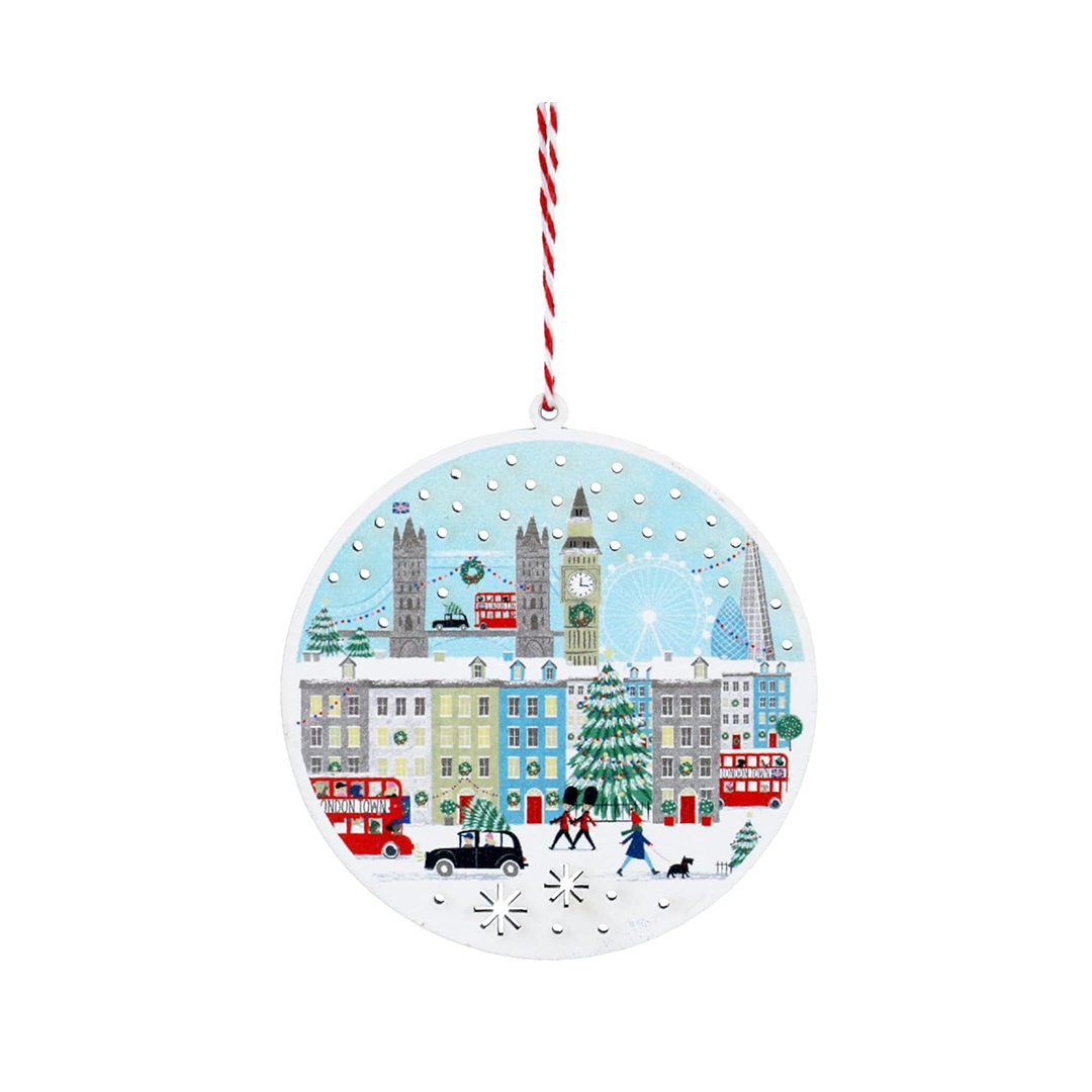 London Day Scene wooden Christmas ornament featuring Big Ben, London Eye, and The Shard, handcrafted wooden disc for festive tree décor.