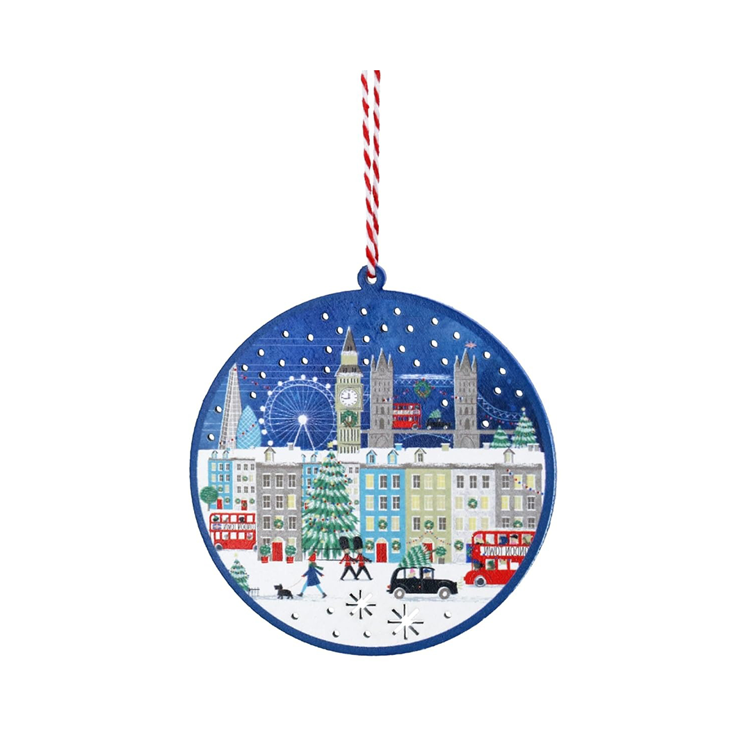 London Night Scene wooden Christmas ornament featuring Big Ben, London Eye, and The Shard, handcrafted wooden disc for festive tree décor.