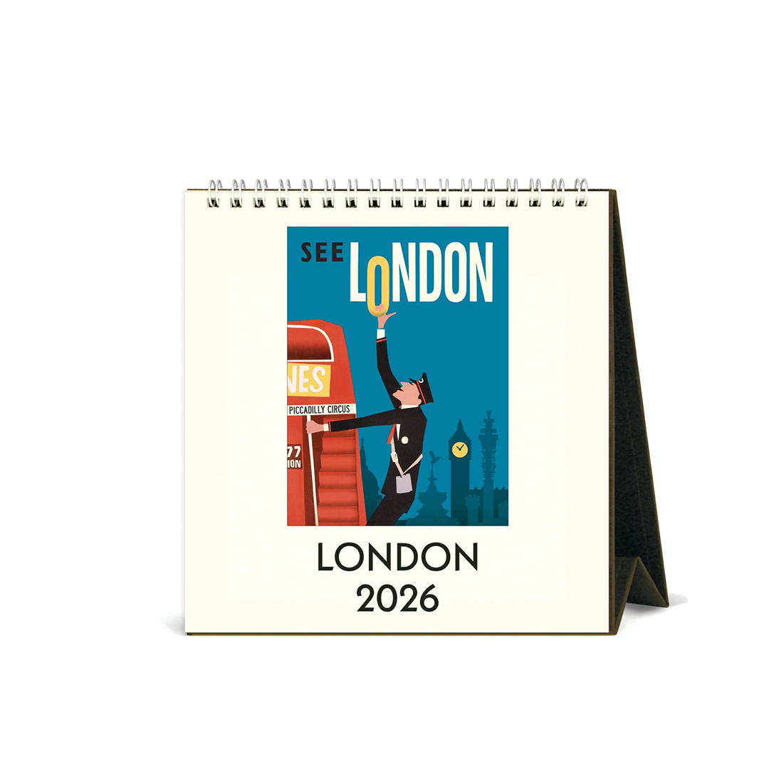 London Desk Calendar 2026 featuring colorful illustrations of Piccadilly Circus, Big Ben, Tower Bridge, and other iconic London landmarks.
