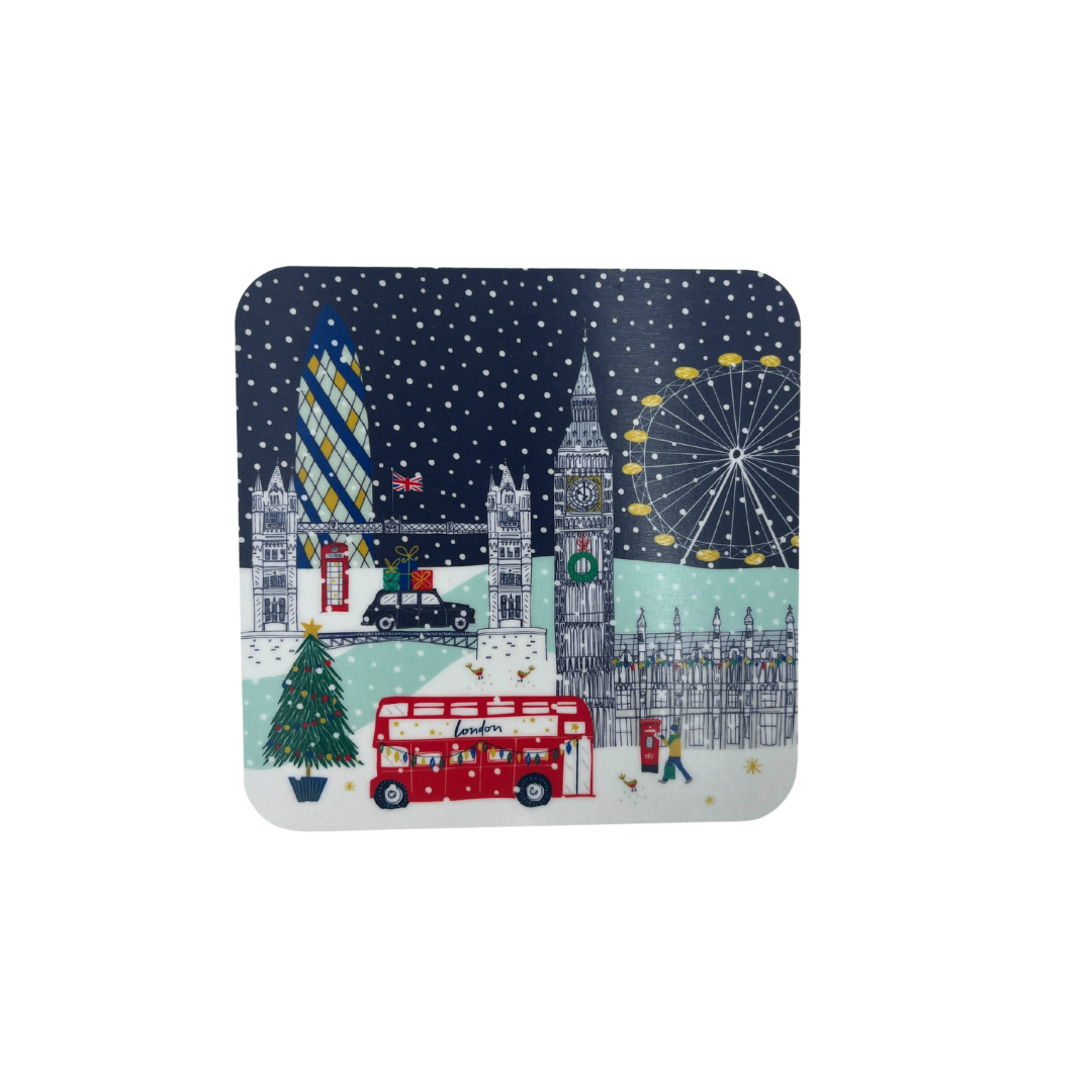 Square cork coaster featuring a London winter scene with Big Ben, St Paul’s Cathedral, and a red London bus, 10x10 cm, made in the UK