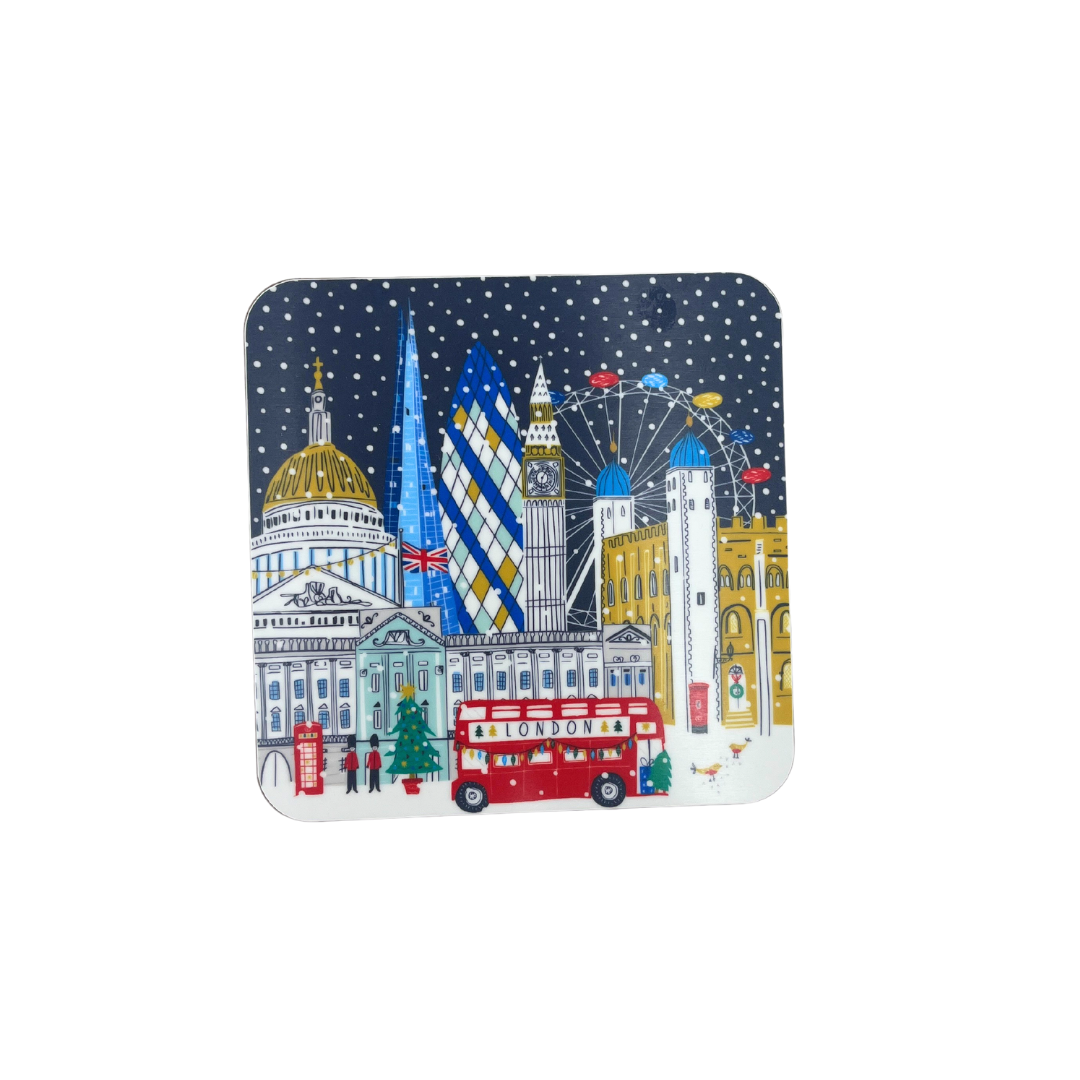 Square cork coaster featuring a London winter scene with Big Ben, St Paul’s Cathedral, and a red London bus, 10x10 cm, made in the UK