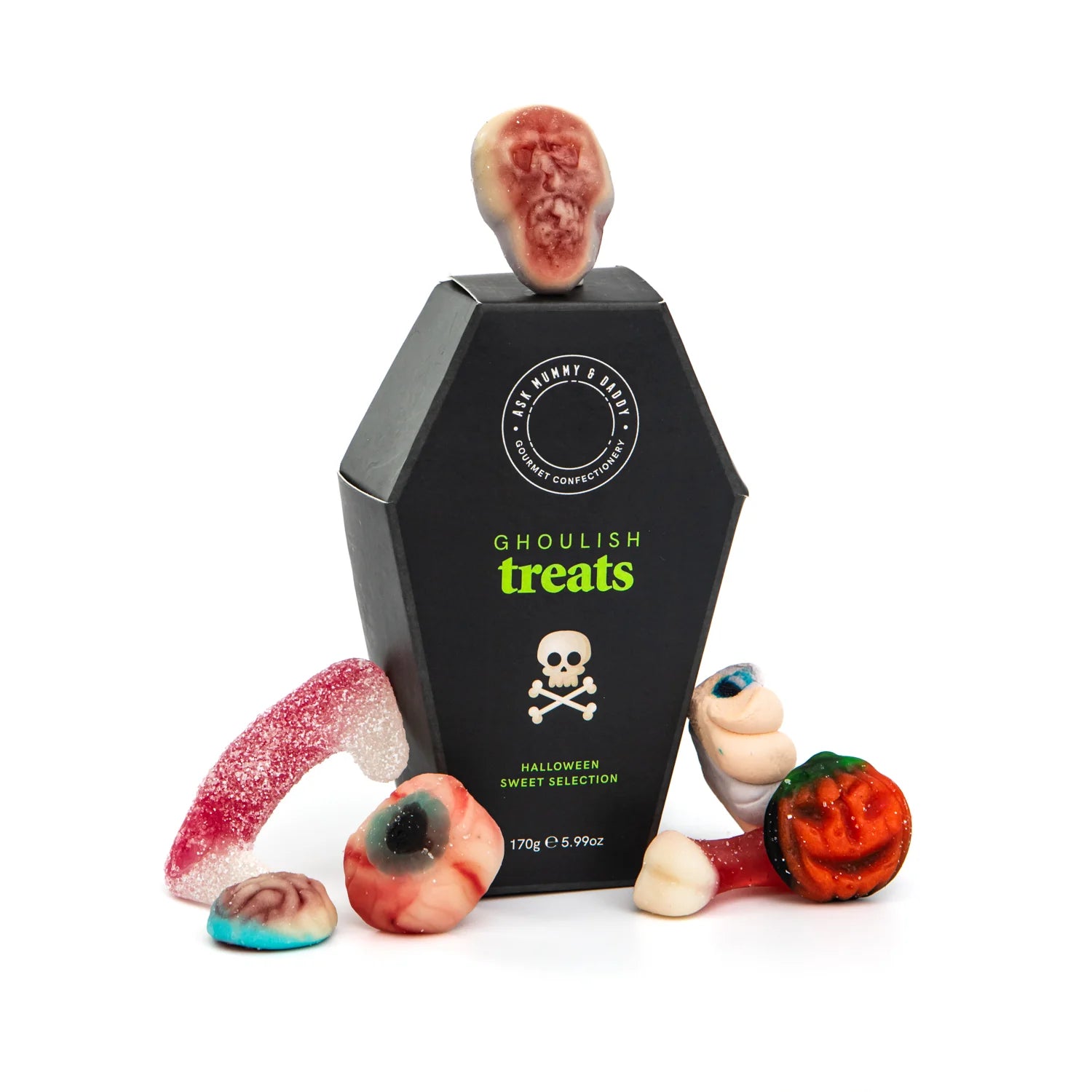 Halloween Coffin gift box filled with spooky treats, 100% biodegradable and plastic-free packaging, perfect for Halloween party favors or festive gifts.
