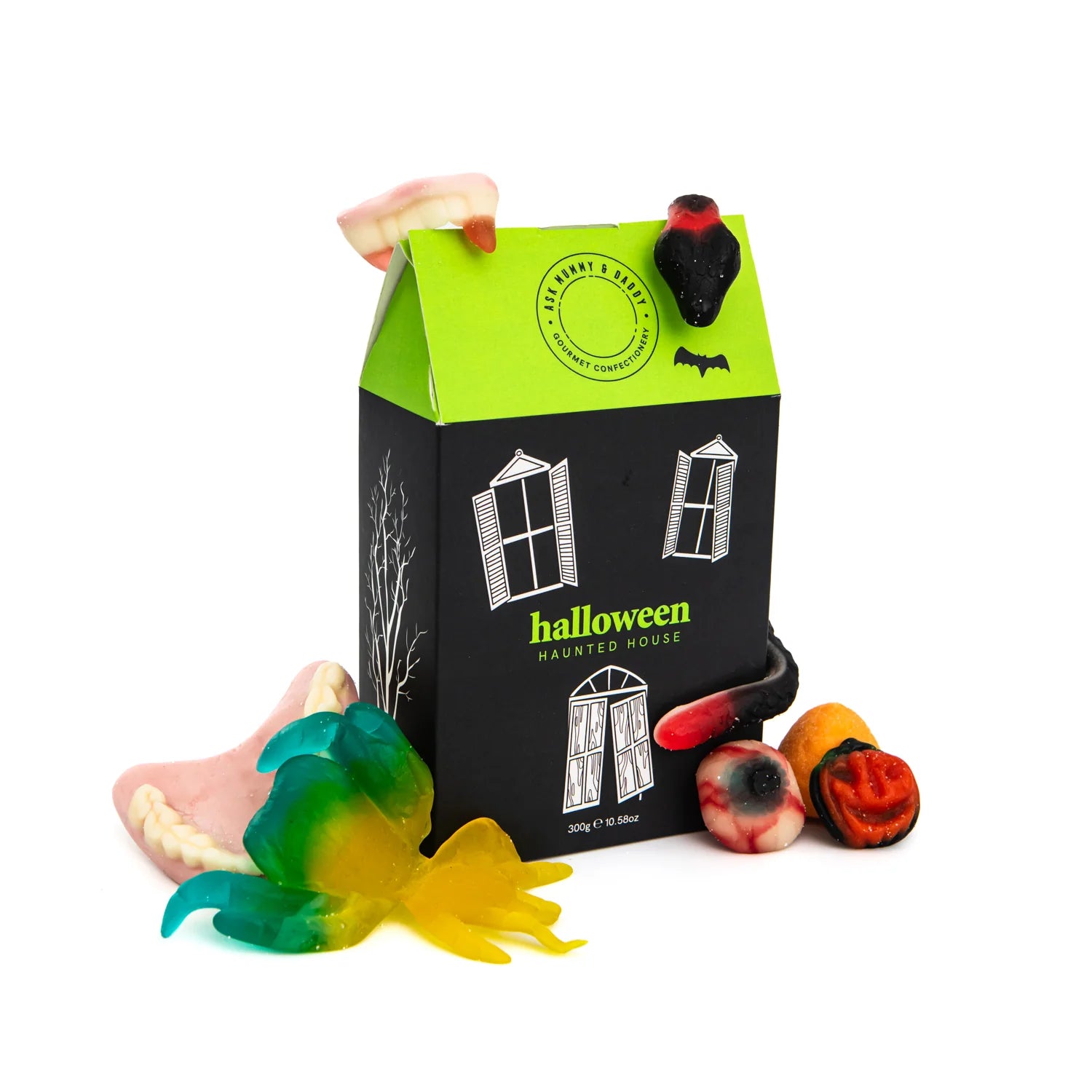 Gourmet Haunted House Halloween candy box with fizzy fruity treats in colorful, playful packaging, perfect for gifting or festive snacking.