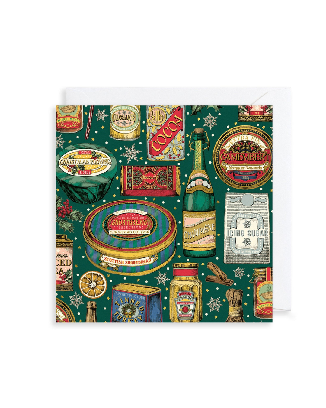 Luxury vintage Christmas pantry cards – pack of 8, featuring shortbread, Christmas pudding, camembert, gold foil, emboss & deboss, 15.8 x 15.8 cm, premium textured card, UK-made, sustainable