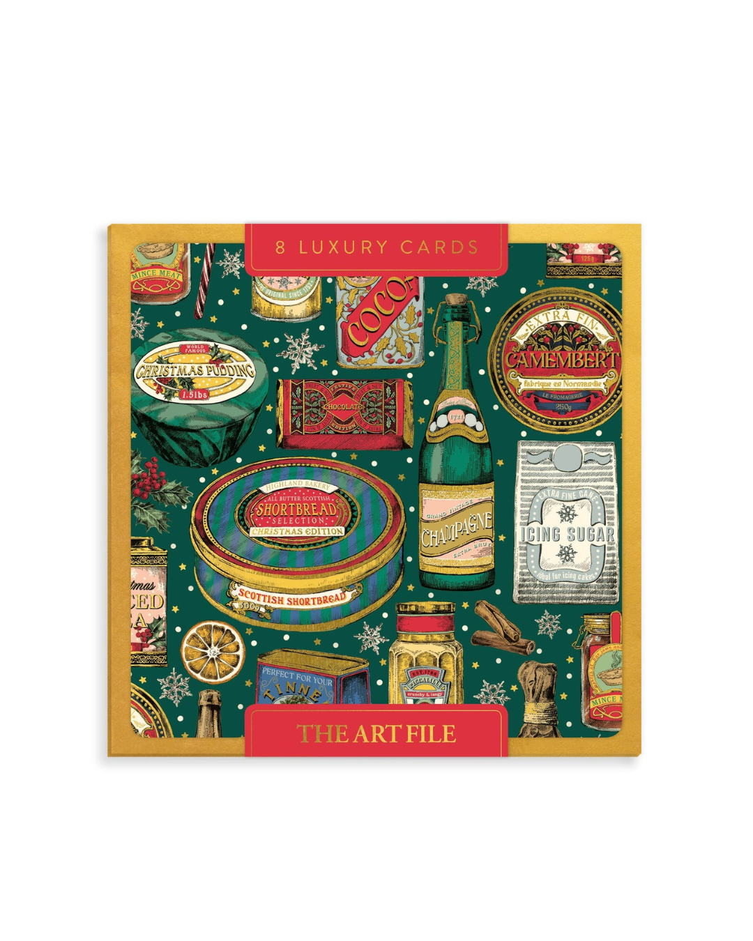 Pack of 8 luxury cards with vintage-style packaging design on a white background