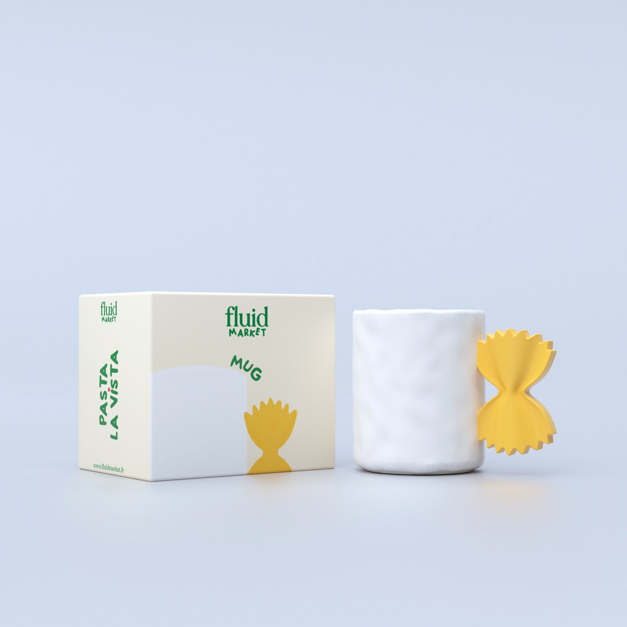 White mug with pasta-shaped handle and matching packaging with a white background