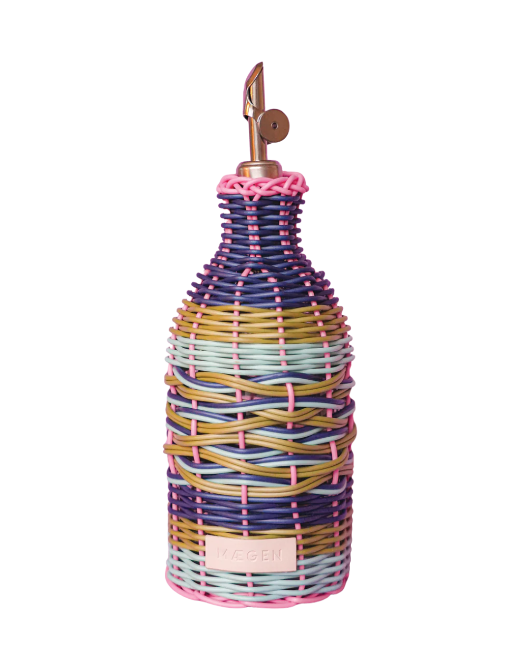 MÆGEN Pink & Navy Hand-Woven Oil Pourer – glass bottle wrapped in colourful hand-woven polypropylene with stainless steel pourer