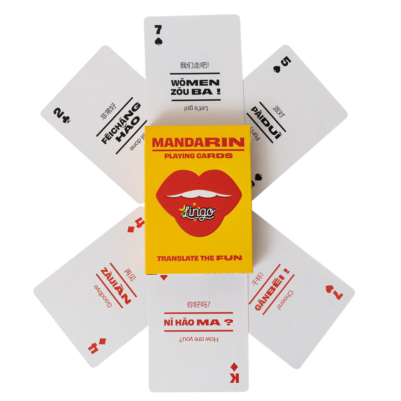 Mandarin playing cards with the yellow box in the center on a white background