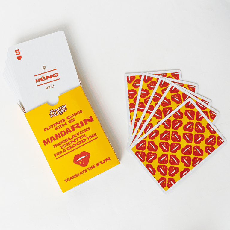 Mandarin Lingo Playing Cards featuring Mandarin words and phrases with English translations, perfect for travel and language learning.
