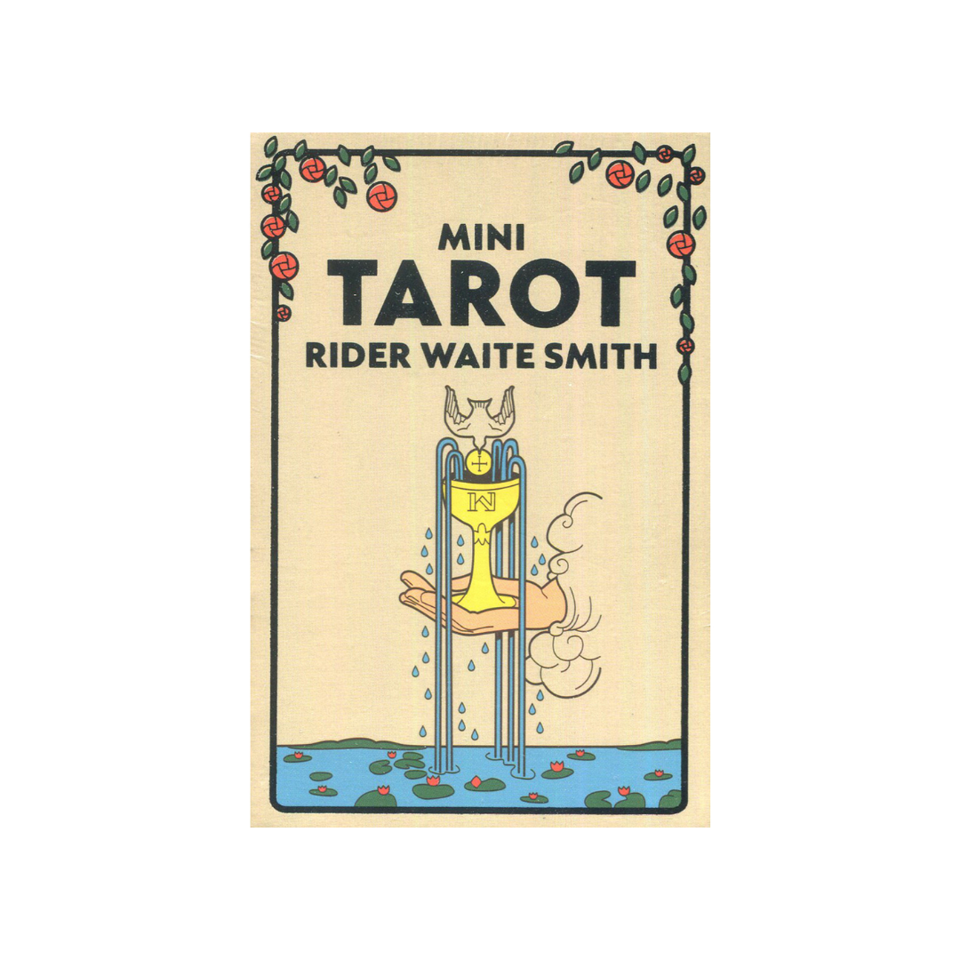 Mini Tarot Rider Waite Smith book cover with illustration of a hand holding a card over water.