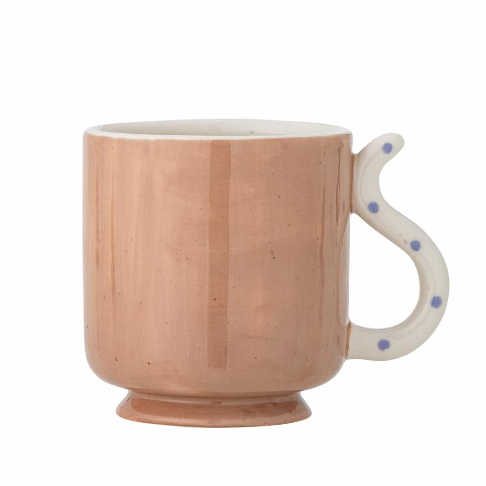 Back View of the Missy Mug in stoneware with whimsical cat motif and blue dots
