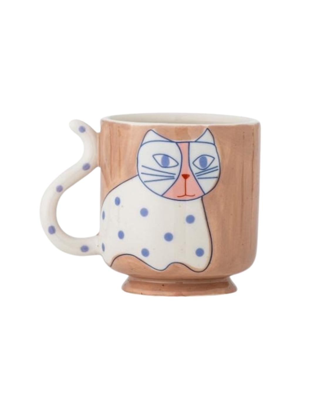Missy Mug in stoneware with whimsical cat motif and blue dots