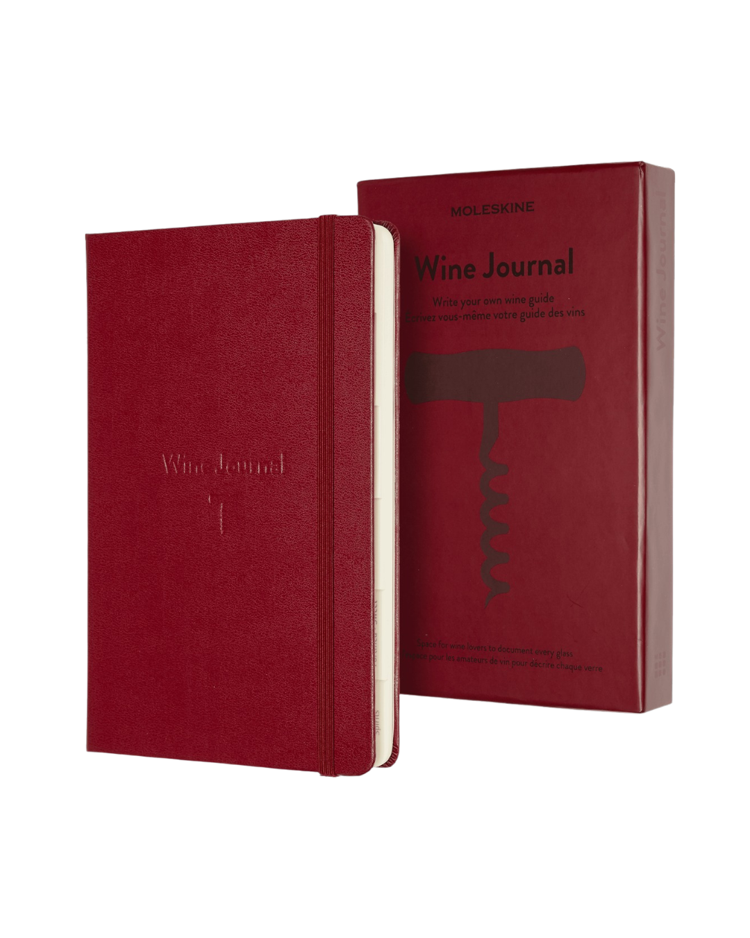 Wine Journal hardback notebook, 380 pages, with sections for sparkling, white, rosé, red, fortified wines, and liqueurs, elegantly packaged in a protective box.