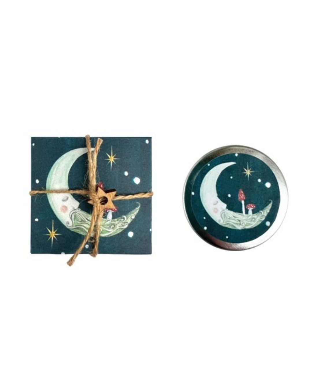 Moon raspberry and vanilla natural lip balm in round tin wrapped with jute and wooden star, handmade eco-friendly beauty gift made in the UK