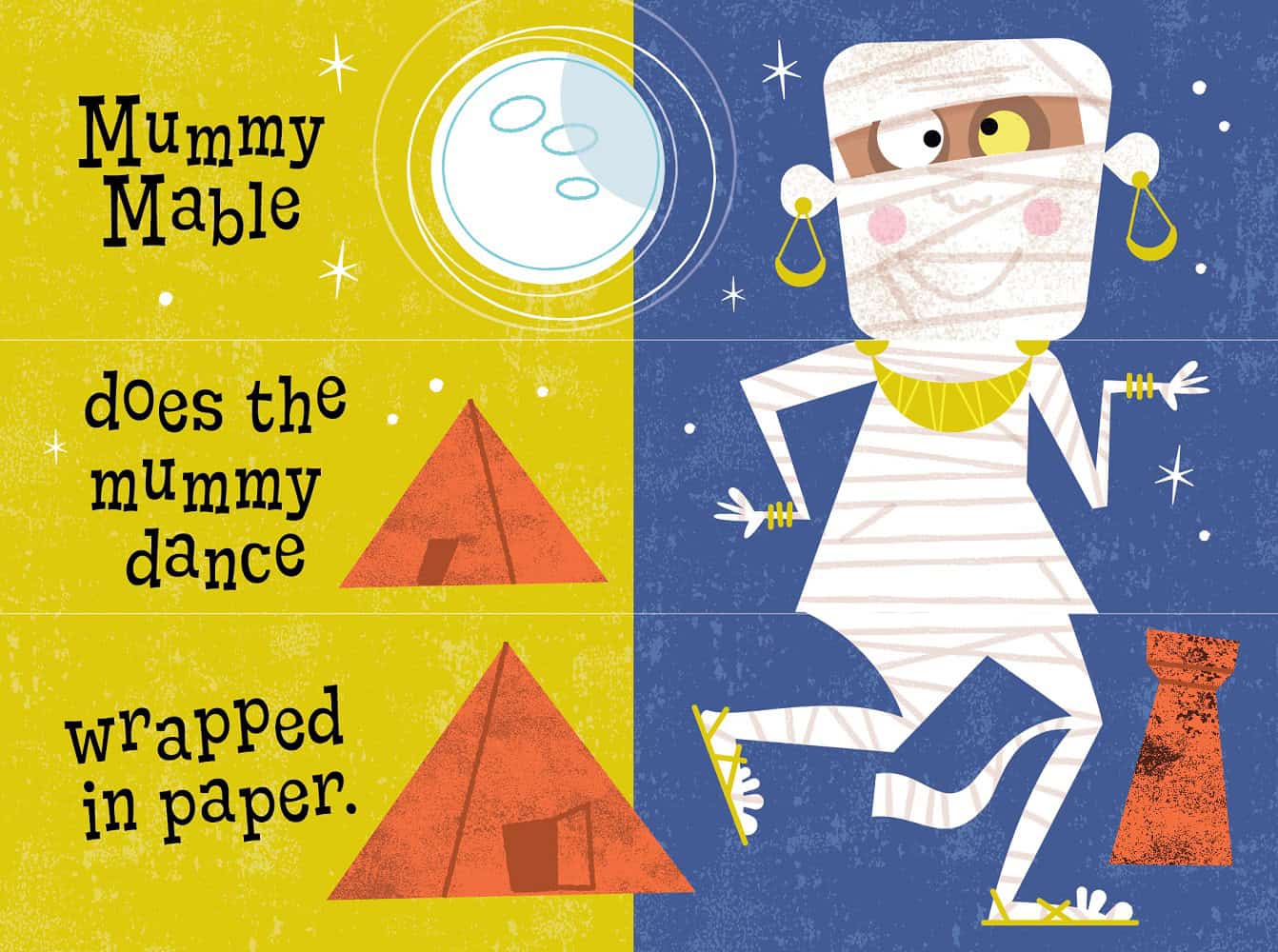 Illustrated book cover with a mummy character and text on a yellow and blue background