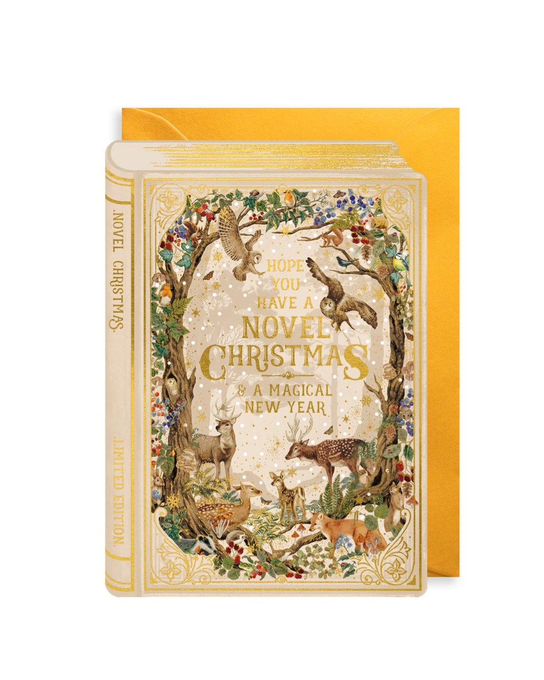Golden Woodland Storybook Christmas Card featuring British wildlife, embossing, die-cut details, gold foil, 120x170mm, gold envelope, blank inside, sustainably sourced, made in the UK