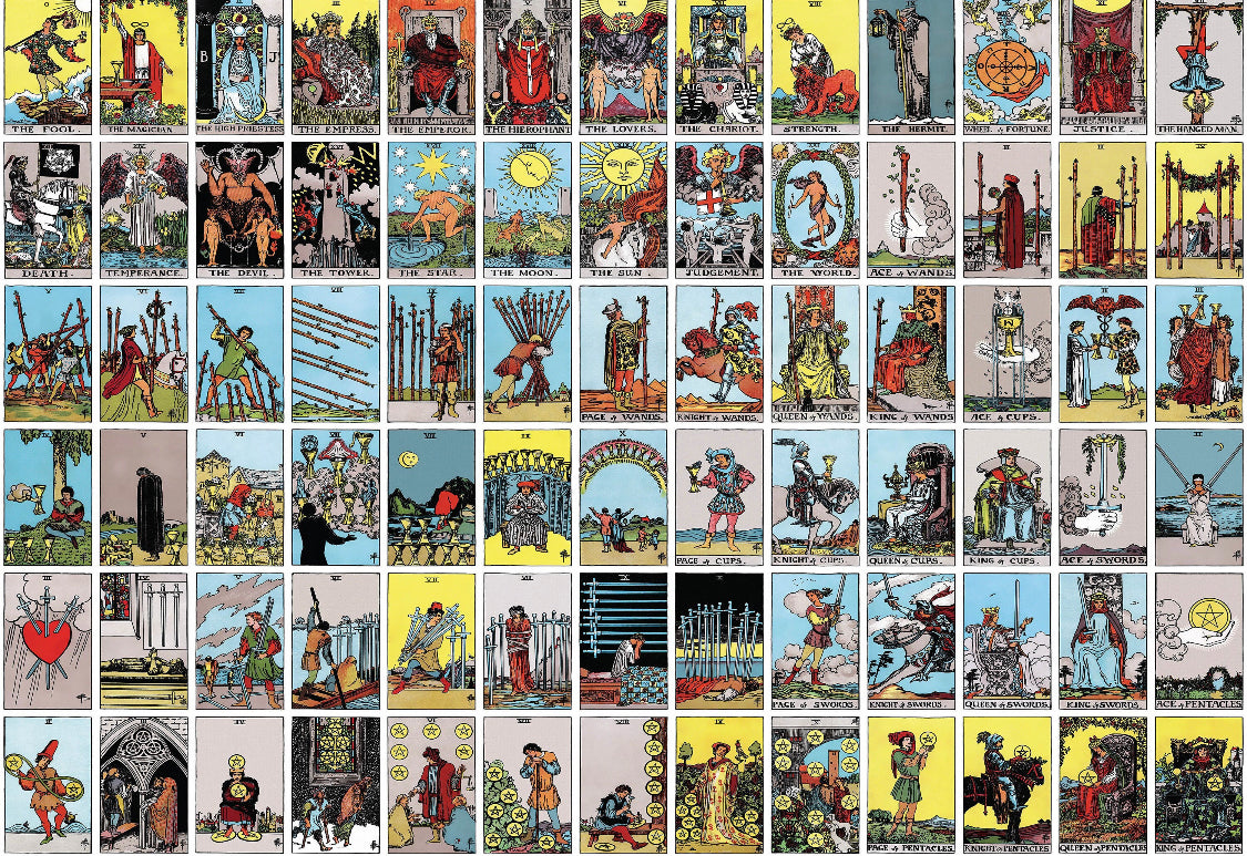 Grid of tarot cards with various designs and illustrations.