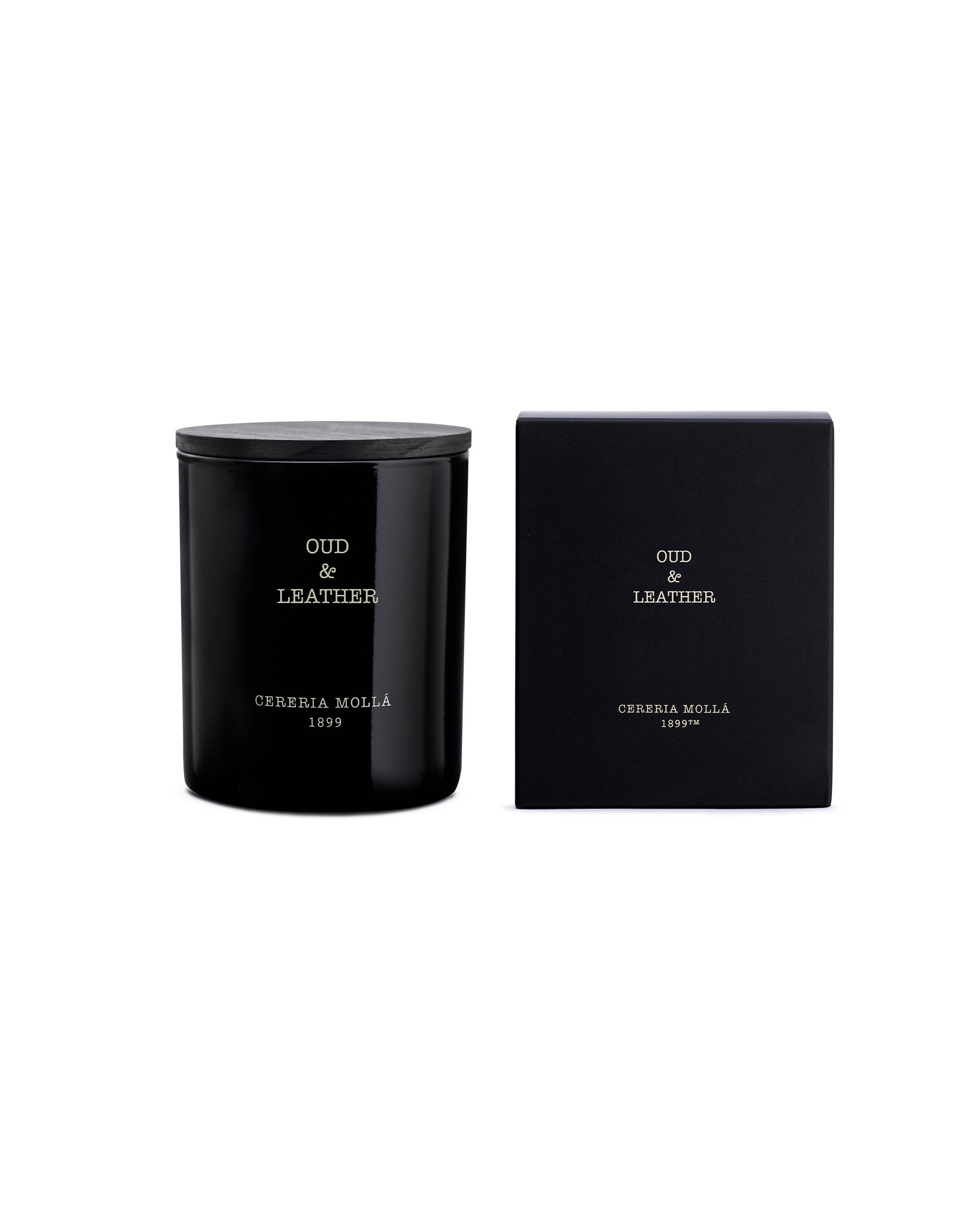 Oud & Leather scented candle with the box – luxury home fragrance with cloves, incense, sandalwood, oud, and leather in FSC-certified recyclable packaging