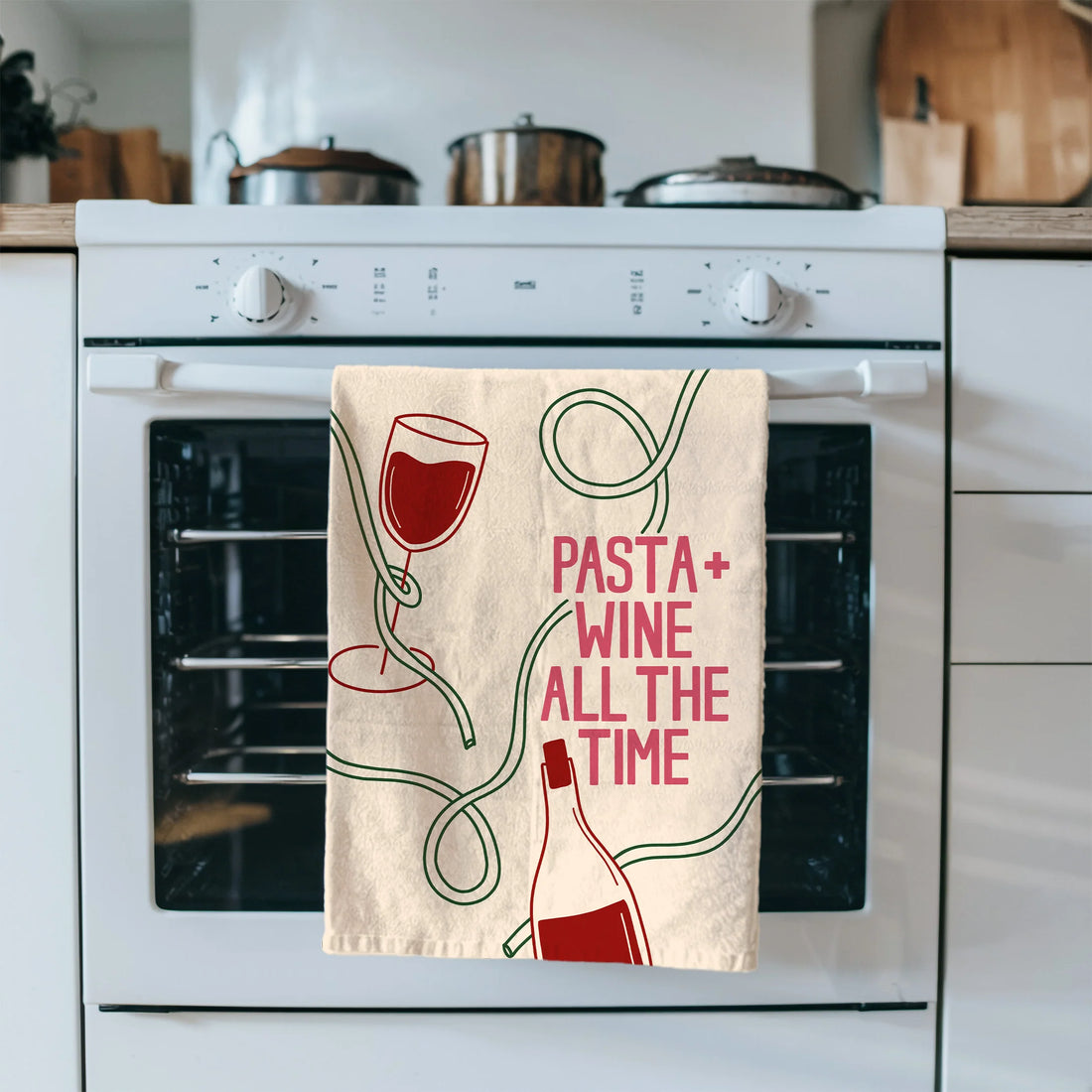 Tea towel with wine glass, bottle, and text &