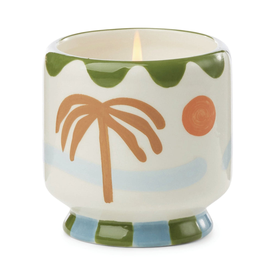 Vegan cruelty-free soy wax candle, 8oz, in a repurposable ceramic jar with palm tree, sun and waves decoration