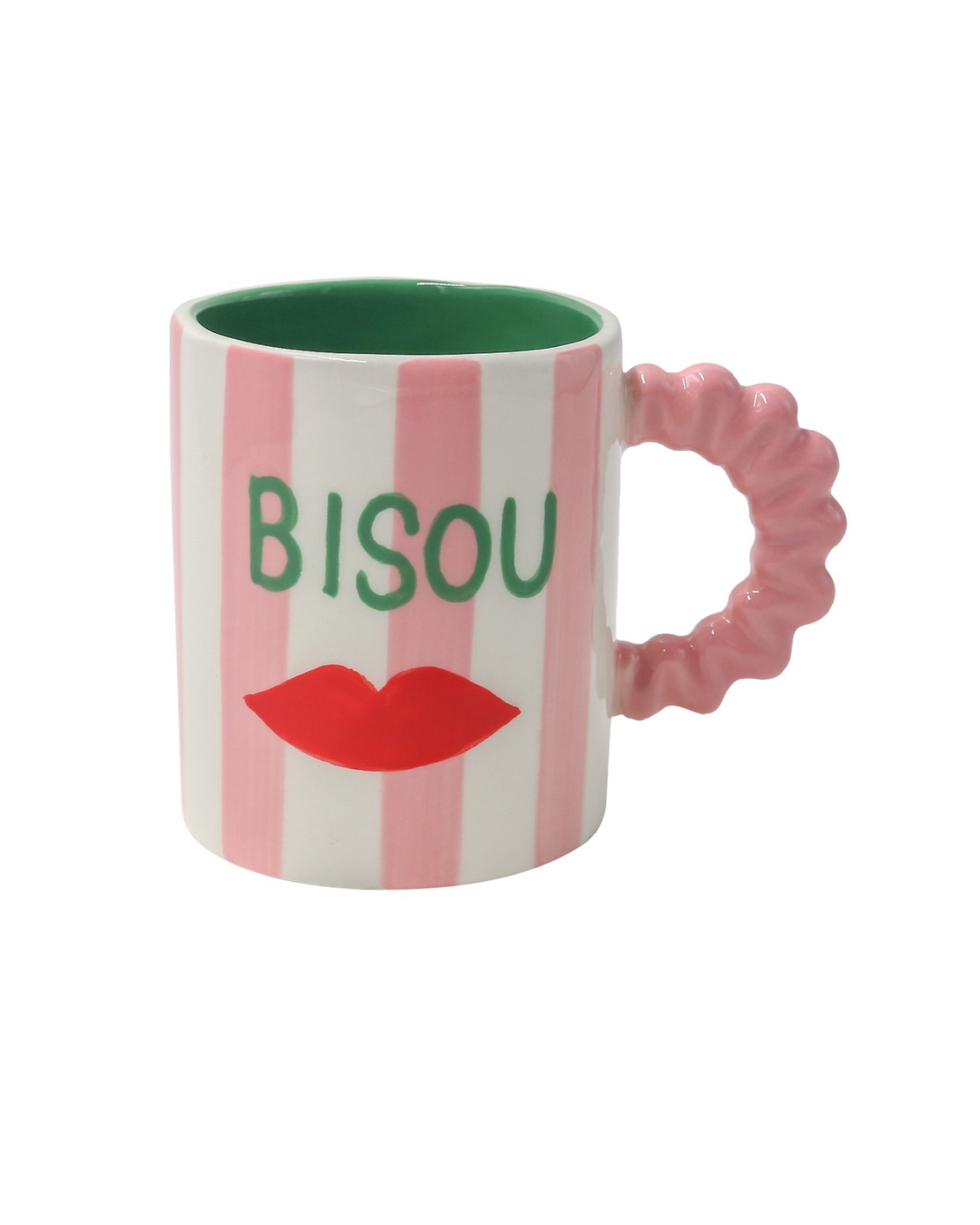 Hand-painted pink and white striped ceramic mug with Bisou Bisou text