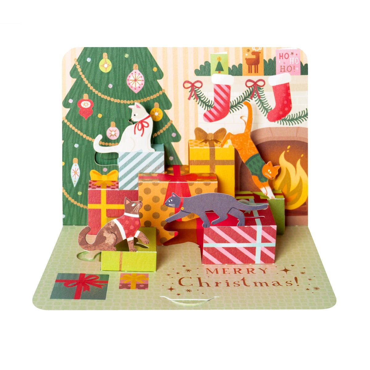3D Christmas card featuring four cute cats playing among presents, die-cut and cold foil finish, 280gsm textured card, white envelope, made in the UK