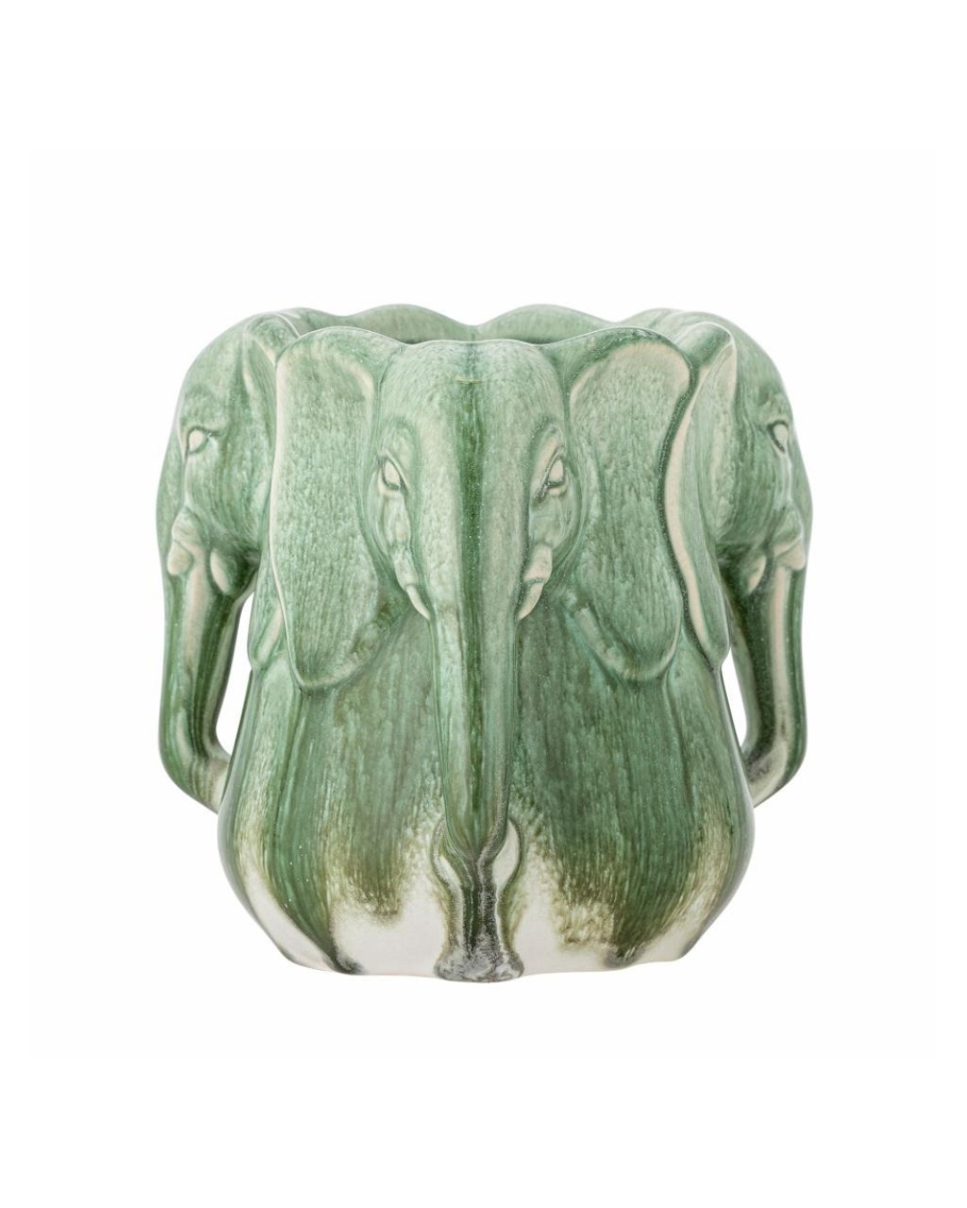 Front view of the Handcrafted stoneware vase with sculptural elephant heads and green glaze