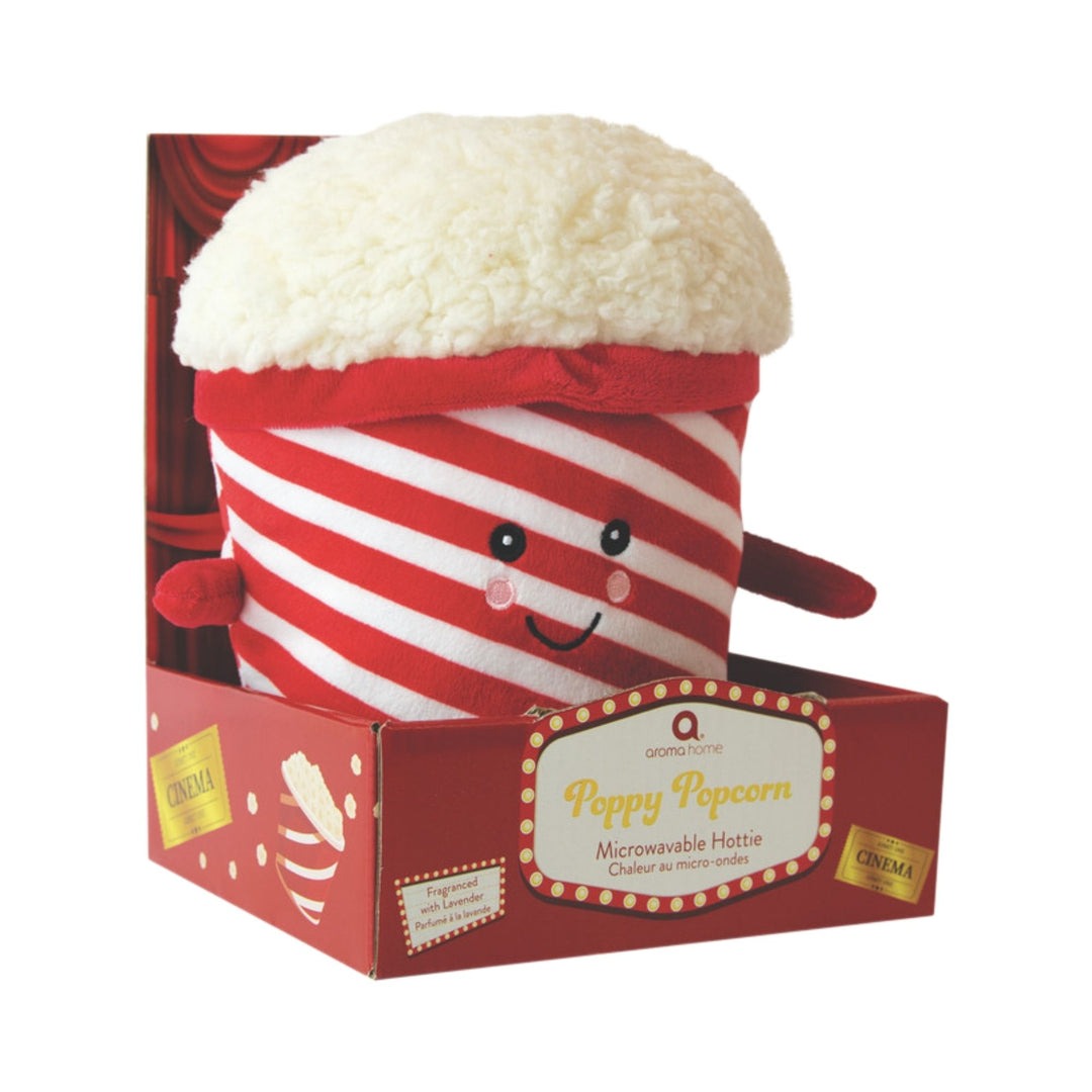 Poppy Popcorn plush snuggle buddy in a box with removable microwaveable pouch, soft popcorn design, perfect for comfort and gifts.