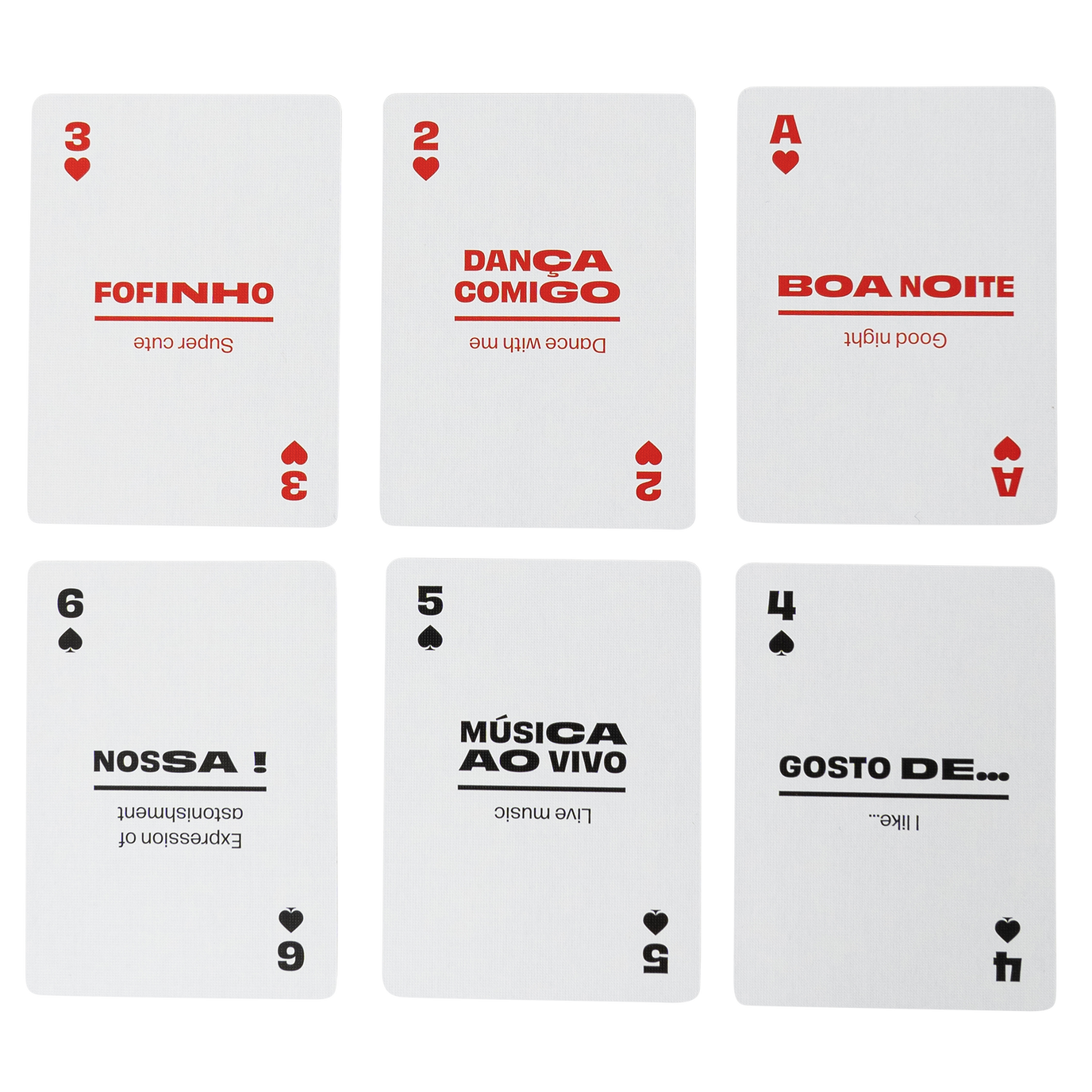Six playing cards with Spanish phrases and English translation on a white background