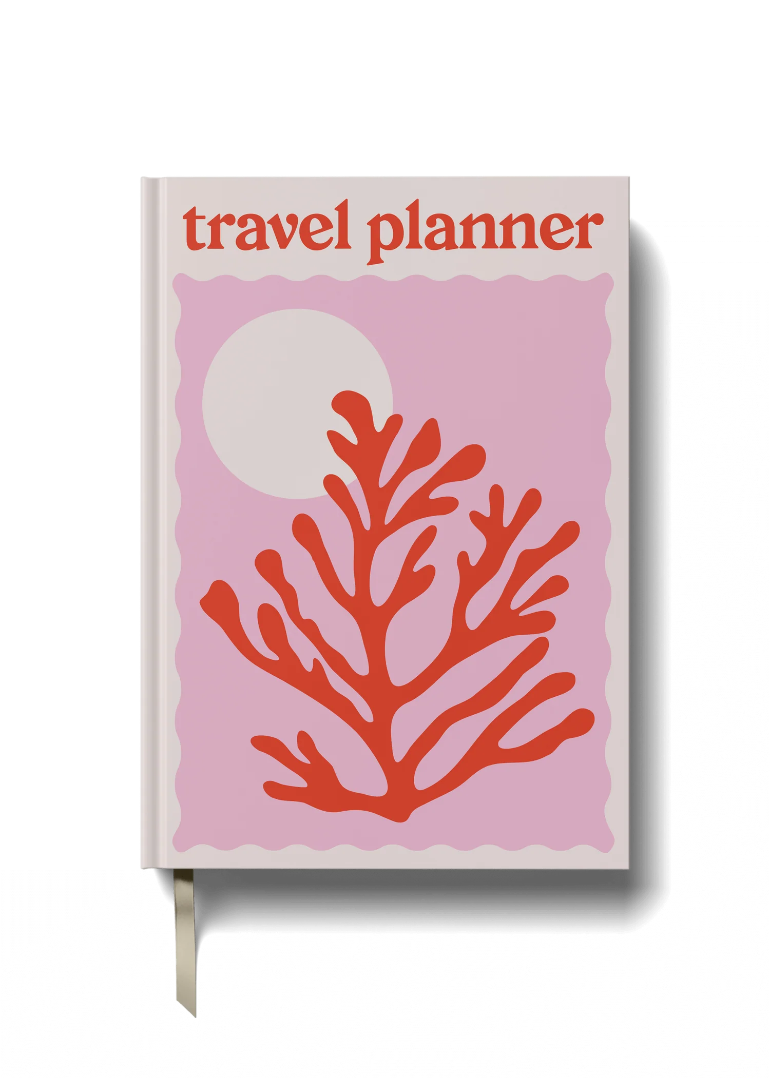 A5 travel planner with red coral and pink cover, featuring a radiant sun and wave motif, ideal for organizing trips, journaling, and travel keepsakes.