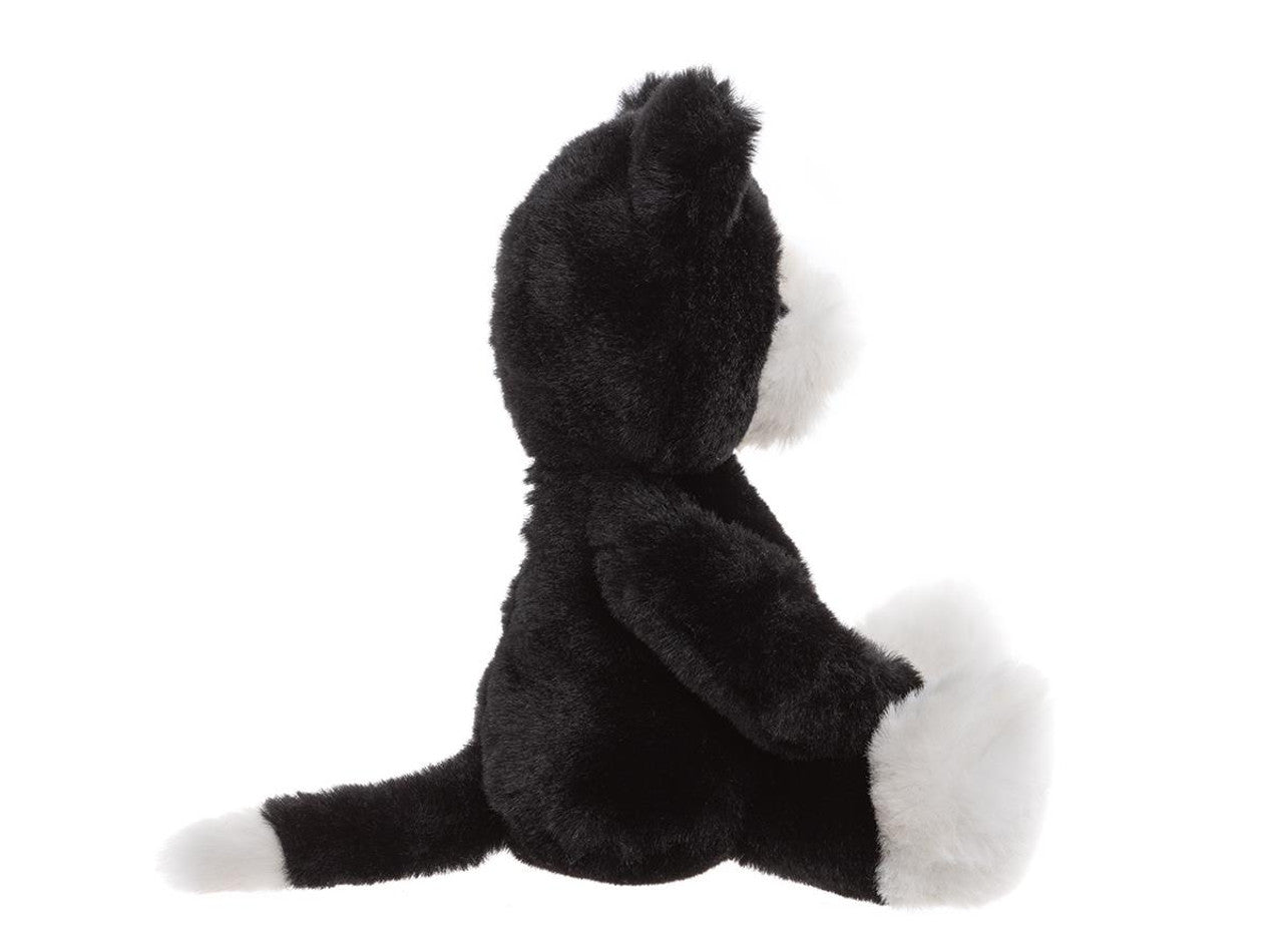 Side View of the Puddy Kitten plush toy in raven black – soft cuddly stuffed cat for kids, comfort toy and nursery companion