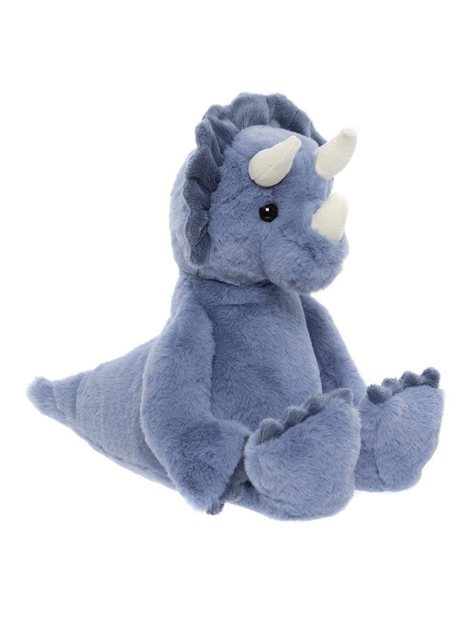 Side View of the Troy the Triceratops plush toy in denim blue – soft cuddly stuffed dinosaur for kids, comfort toy and nursery companion