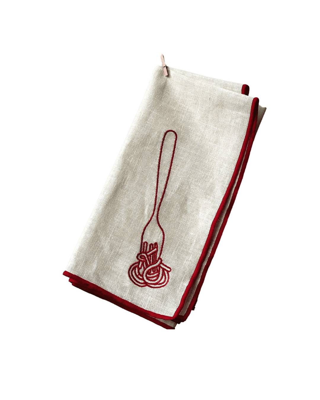 White linen-cotton napkin with red embroidered spaghetti motifs