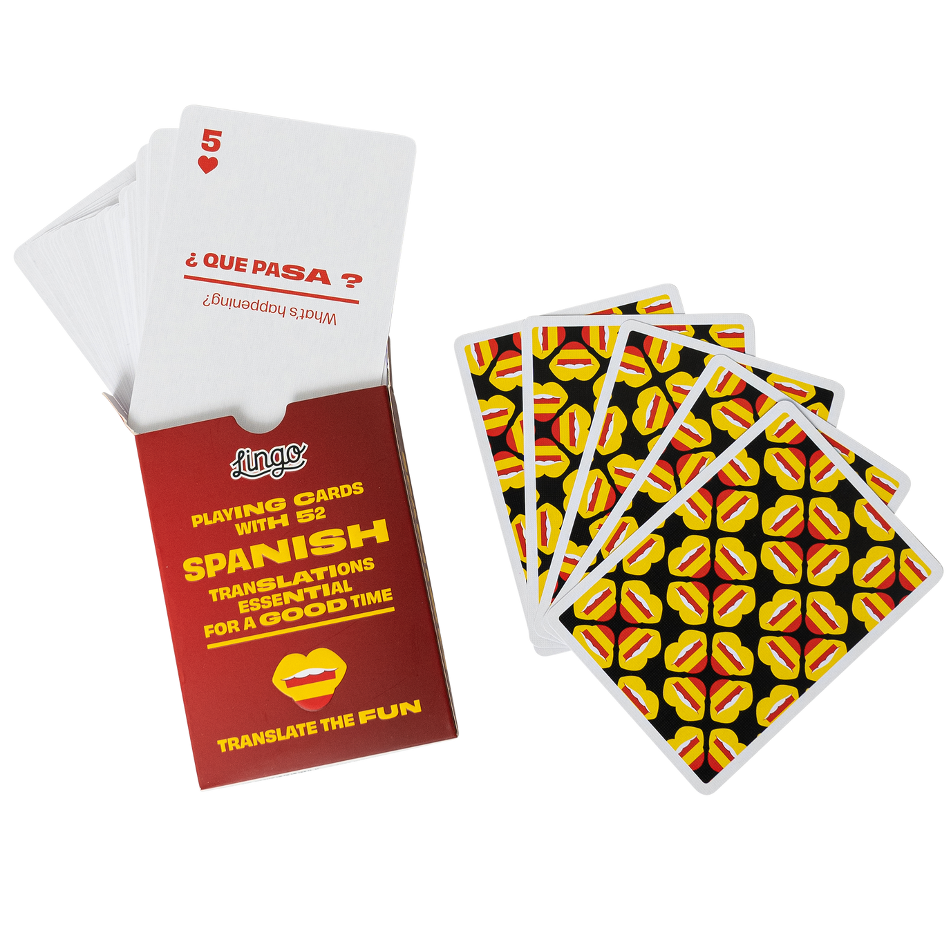 Playing cards with Spanish translations on a white background